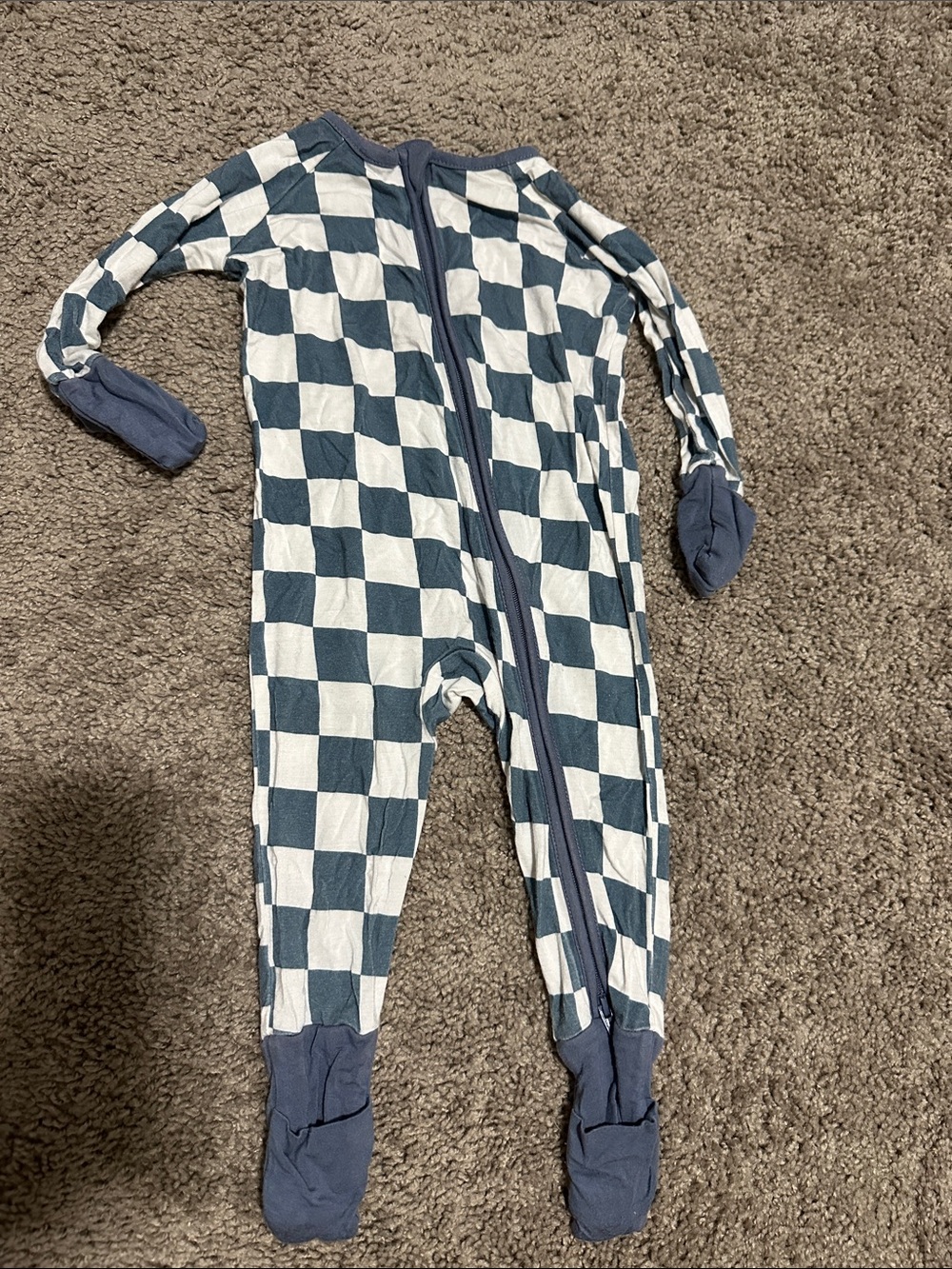 Checkerboard bambo Footed One-Piece Romper - Blue & White